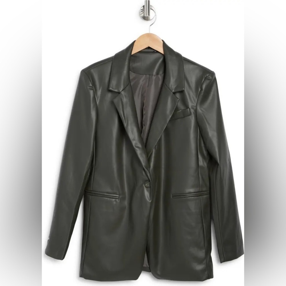 NWT RDI Oversized Faux Leather Blazer Dark Olive Green